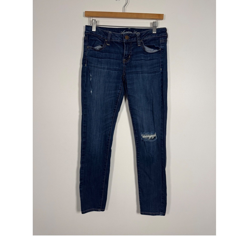 Distressed American Eagle Womens 4 Short Jegging Dark Wash Blue Stretch Denim
